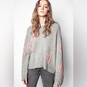Zadig & Voltaire Markus 100% Cashmere Gray Sweater with Pink Hearts